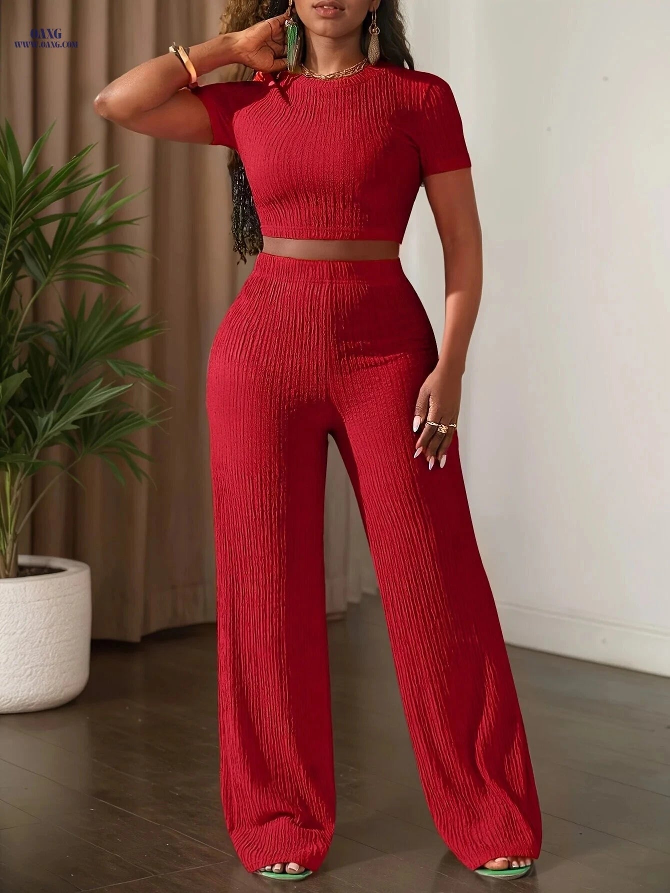 2025 Casual Solid Color Top & Wide Leg Pants Set - Short Sleeve   OAXG Rose Red / XS