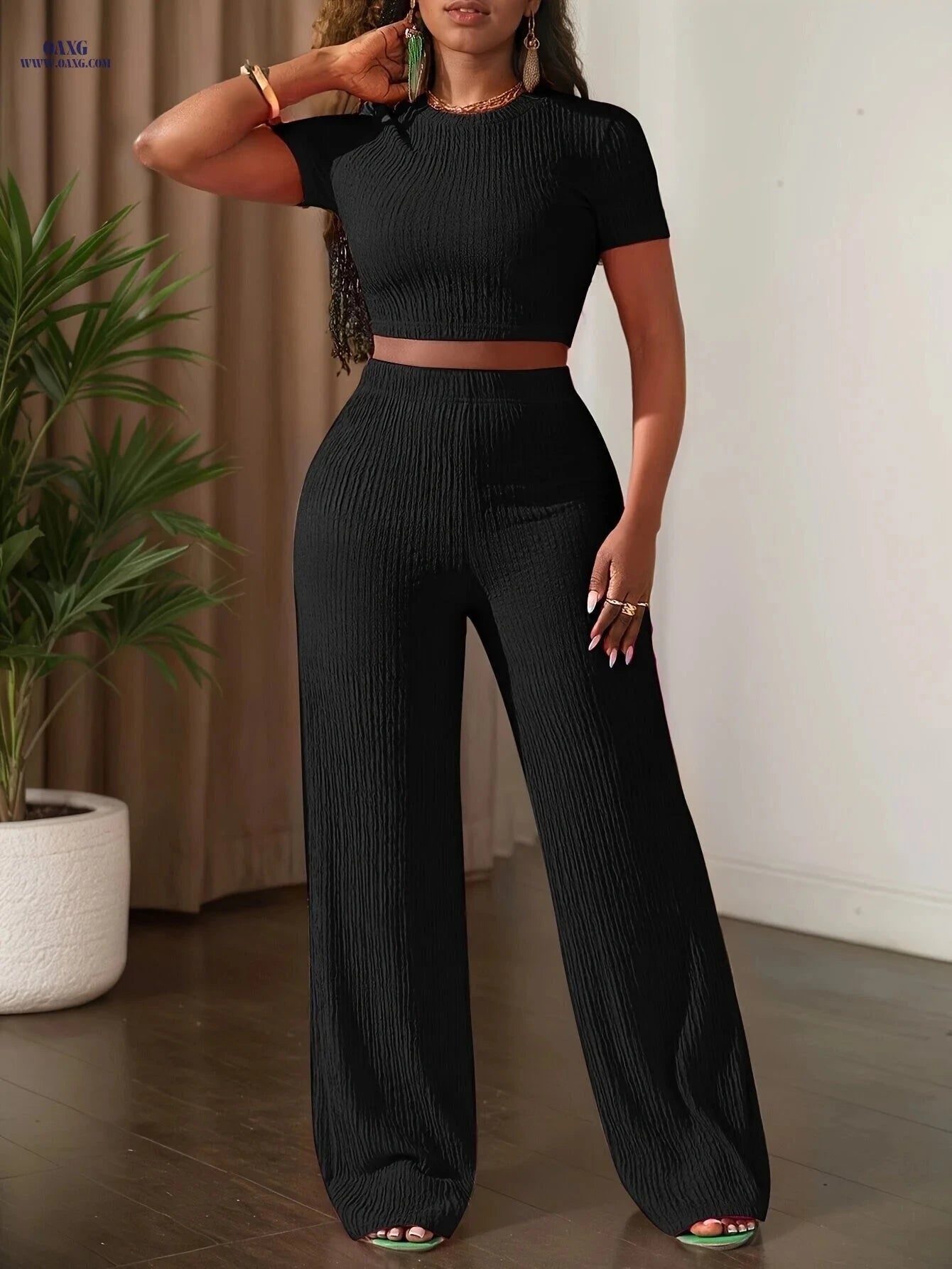 2025 Casual Solid Color Top & Wide Leg Pants Set - Short Sleeve   OAXG Rose Red / XS