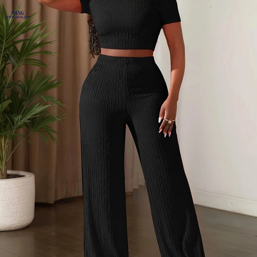 2025 Casual Solid Color Top & Wide Leg Pants Set - Short Sleeve   OAXG Rose Red / XS