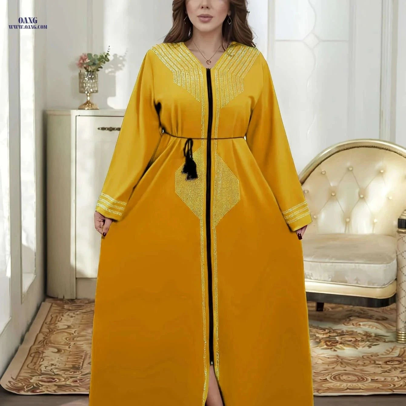 2025 Dubai Women's Cardigan - Beaded Loose Floor-Length Dress   OAXG Black / S