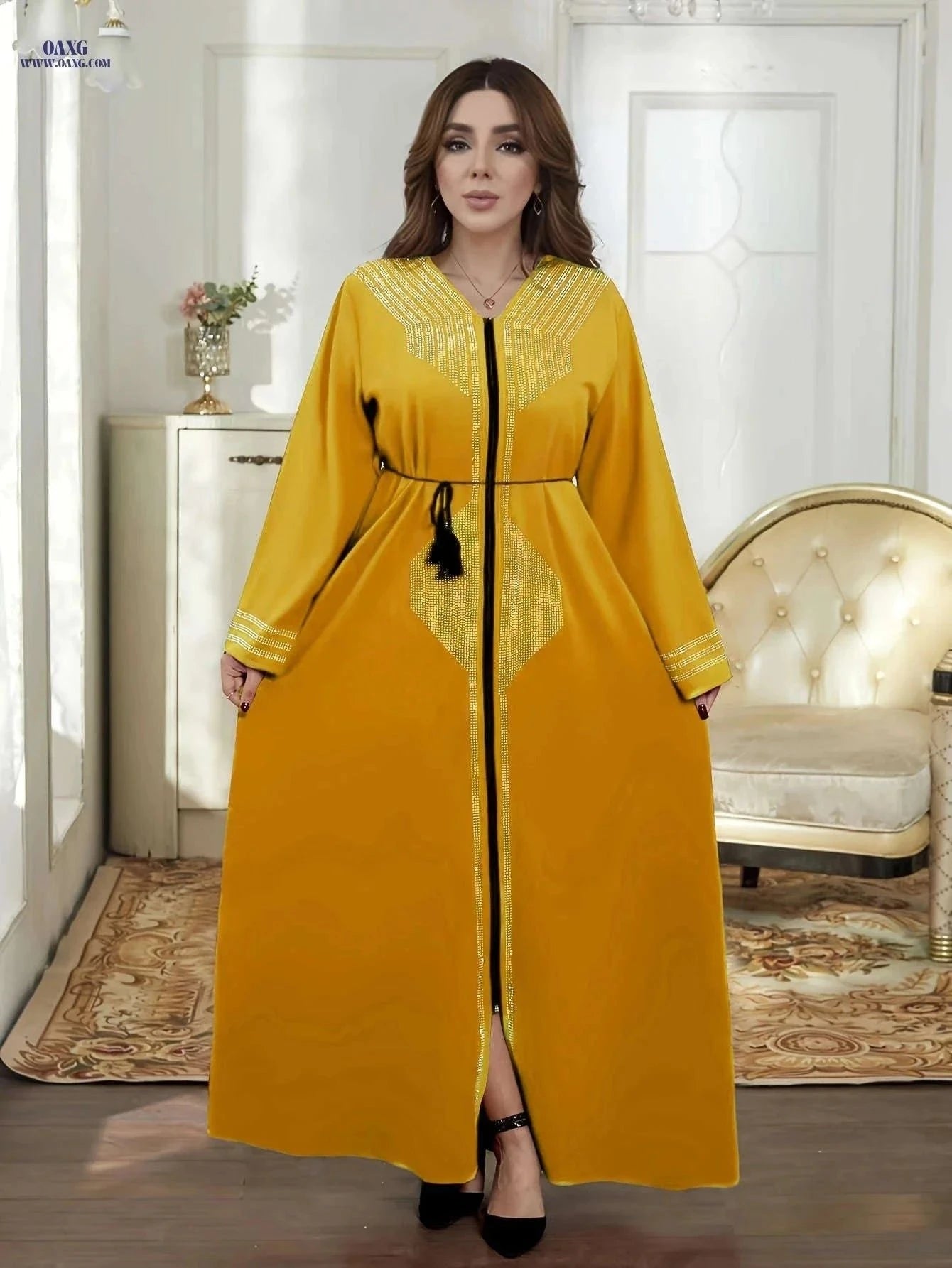 2025 Dubai Women's Cardigan - Beaded Loose Floor-Length Dress   OAXG Black / S