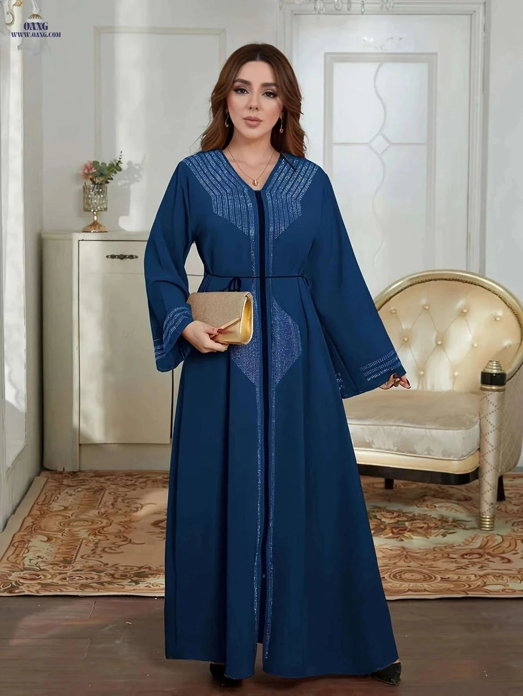 2025 Dubai Women's Cardigan - Beaded Loose Floor-Length Dress   OAXG Black / S