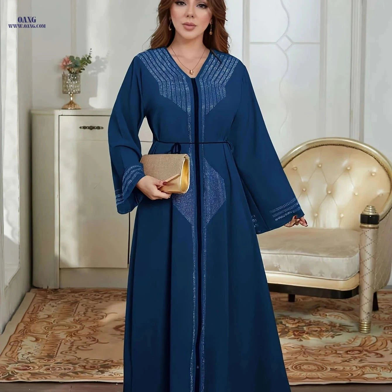 2025 Dubai Women's Cardigan - Beaded Loose Floor-Length Dress   OAXG Black / S