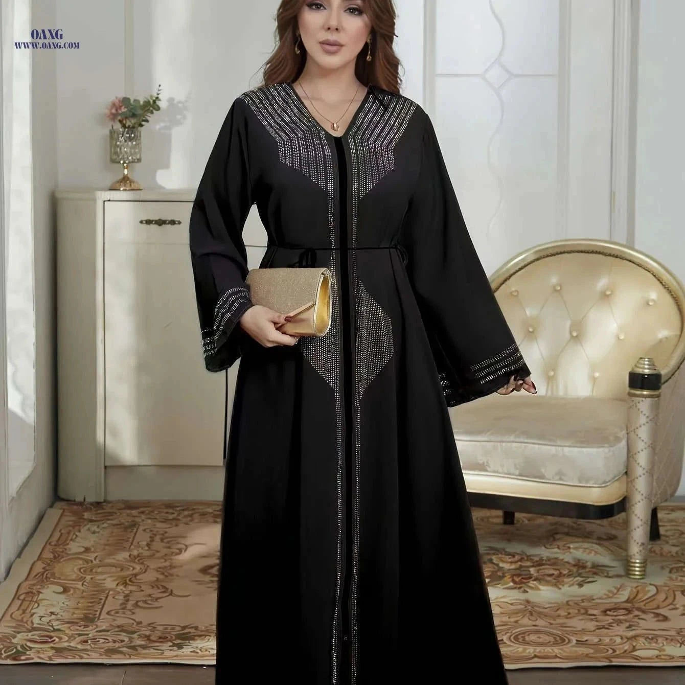 2025 Dubai Women's Cardigan - Beaded Loose Floor-Length Dress   OAXG Black / S
