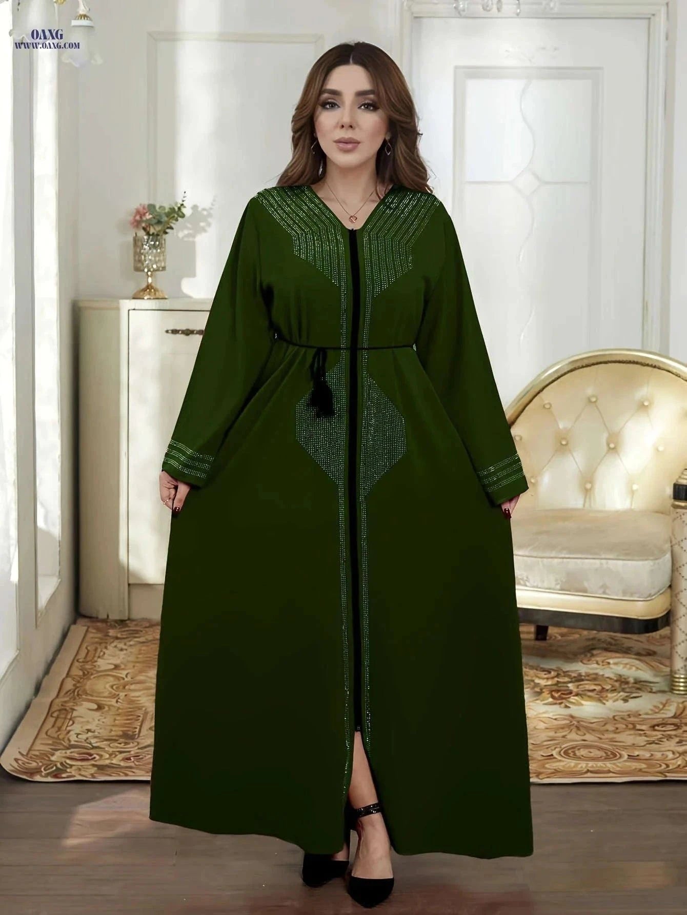 2025 Dubai Women's Cardigan - Beaded Loose Floor-Length Dress   OAXG Black / S