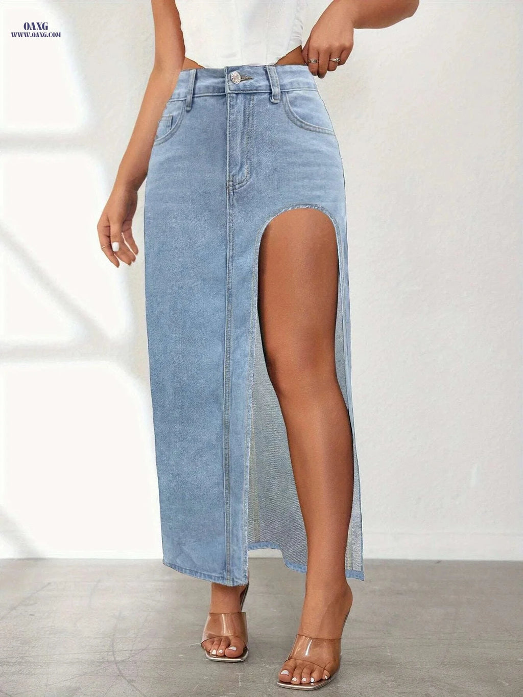 2025 High Split Denim Skirt - Washed Solid Color for Spring/Summer   OAXG 