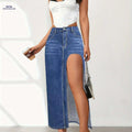 2025 High Split Denim Skirt - Washed Solid Color for Spring/Summer   OAXG Deep Blue / S