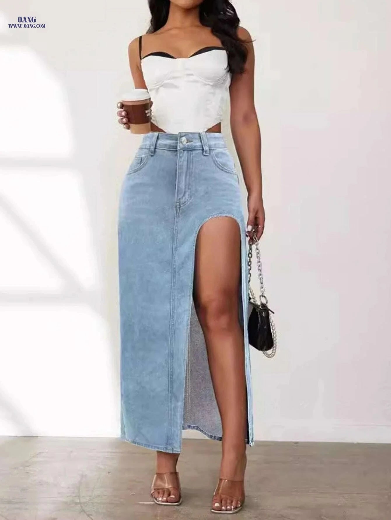 2025 High Split Denim Skirt - Washed Solid Color for Spring/Summer   OAXG Deep Blue / S