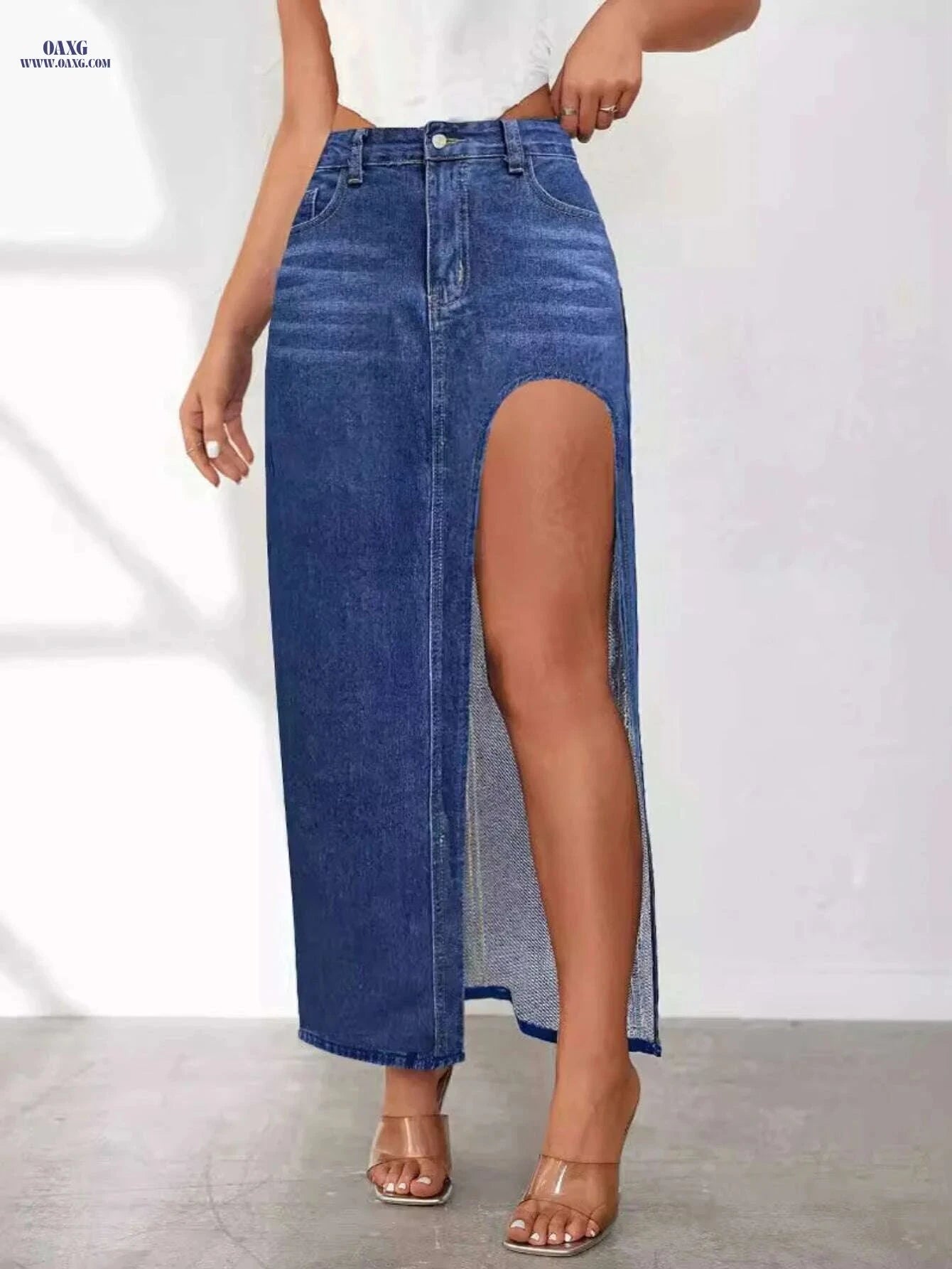 2025 High Split Denim Skirt - Washed Solid Color for Spring/Summer   OAXG Deep Blue / S