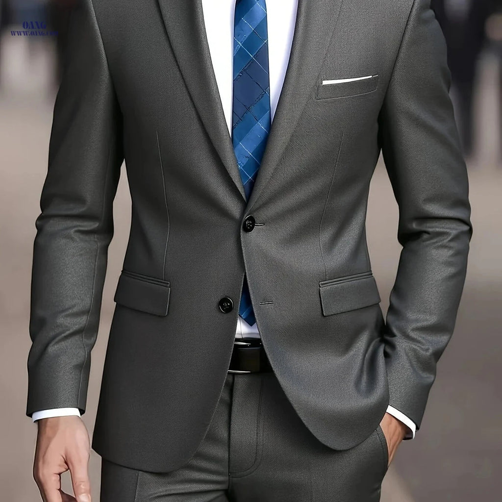 2025 Men's Slim Fit Business Suit Set - Stretch Fabric, Solid Color   OAXG 