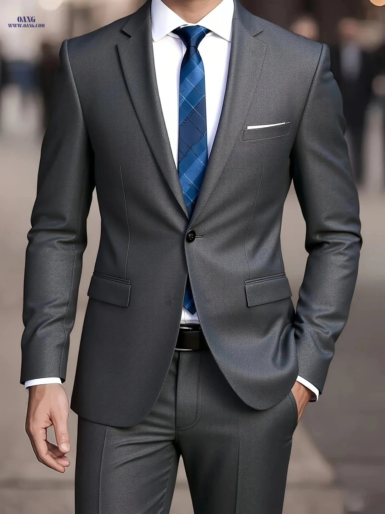 2025 Men's Slim Fit Business Suit - Stretch Fabric, Black Blazer & Pants   OAXG Lake Blue / FR XXS