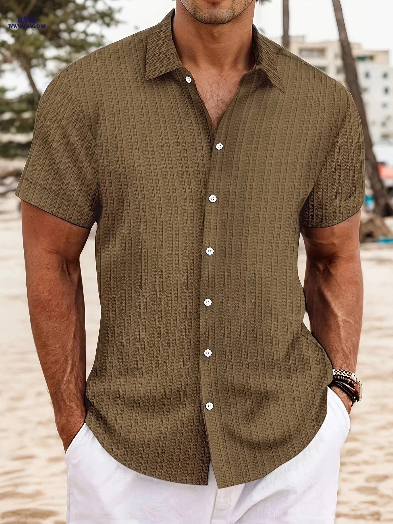 2025 Men's Striped Casual Short Sleeve Shirt - Perfect for Beach Days   OAXG 