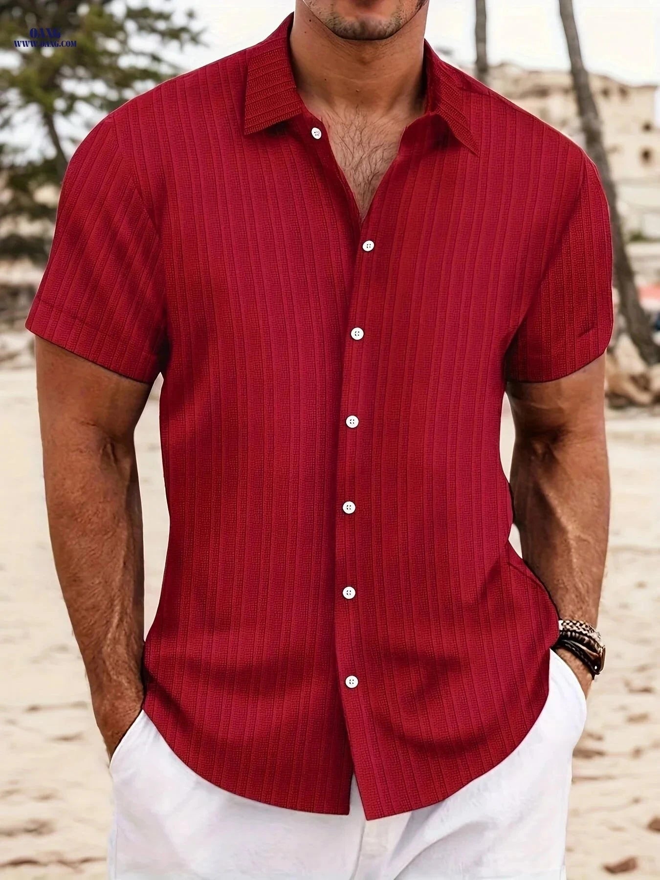 2025 Men's Striped Casual Short Sleeve Shirt - Perfect for Beach Days   OAXG 