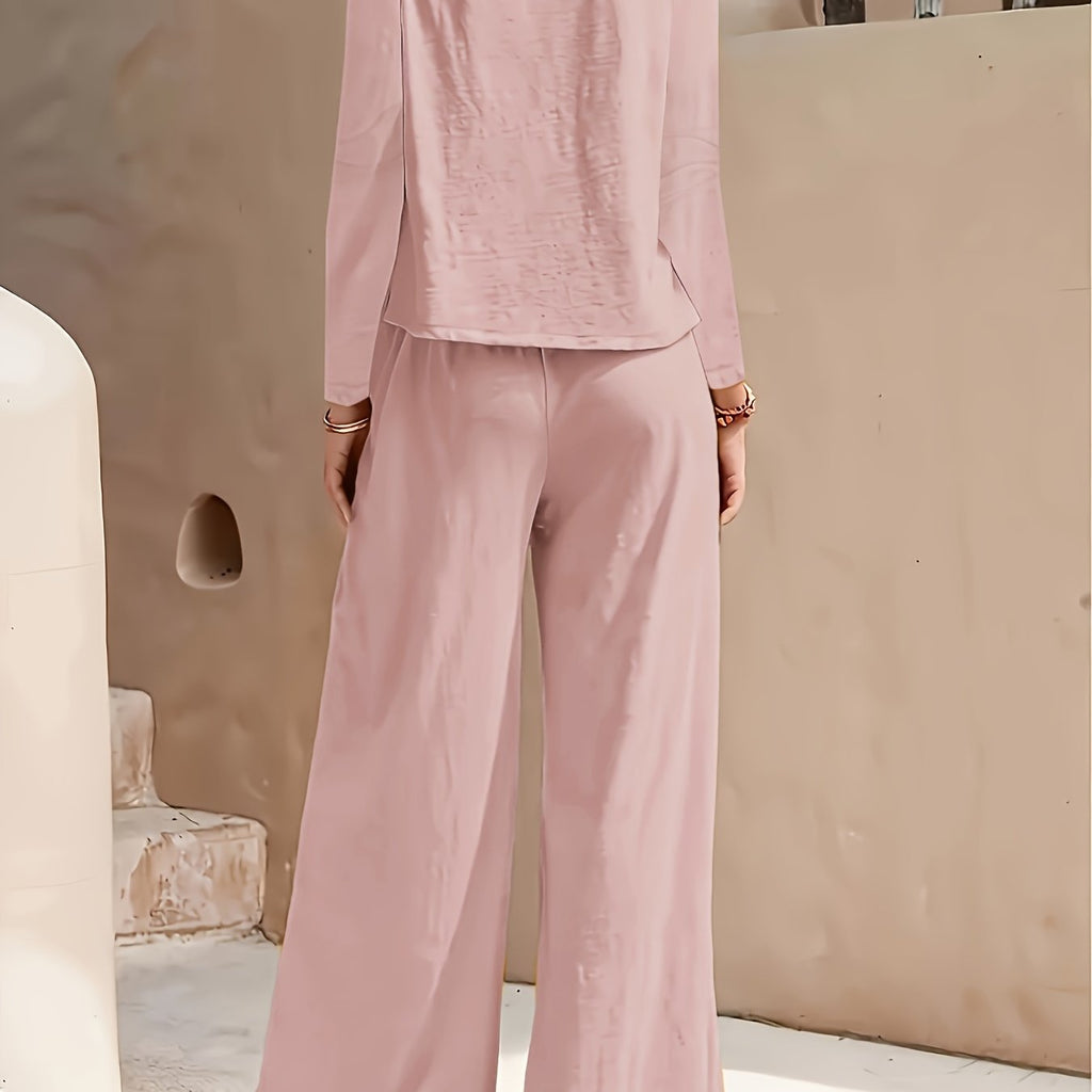 2025 Spring/Fall Casual High Waist Wide Leg Pants Set - European Style   OAXG Pink / S