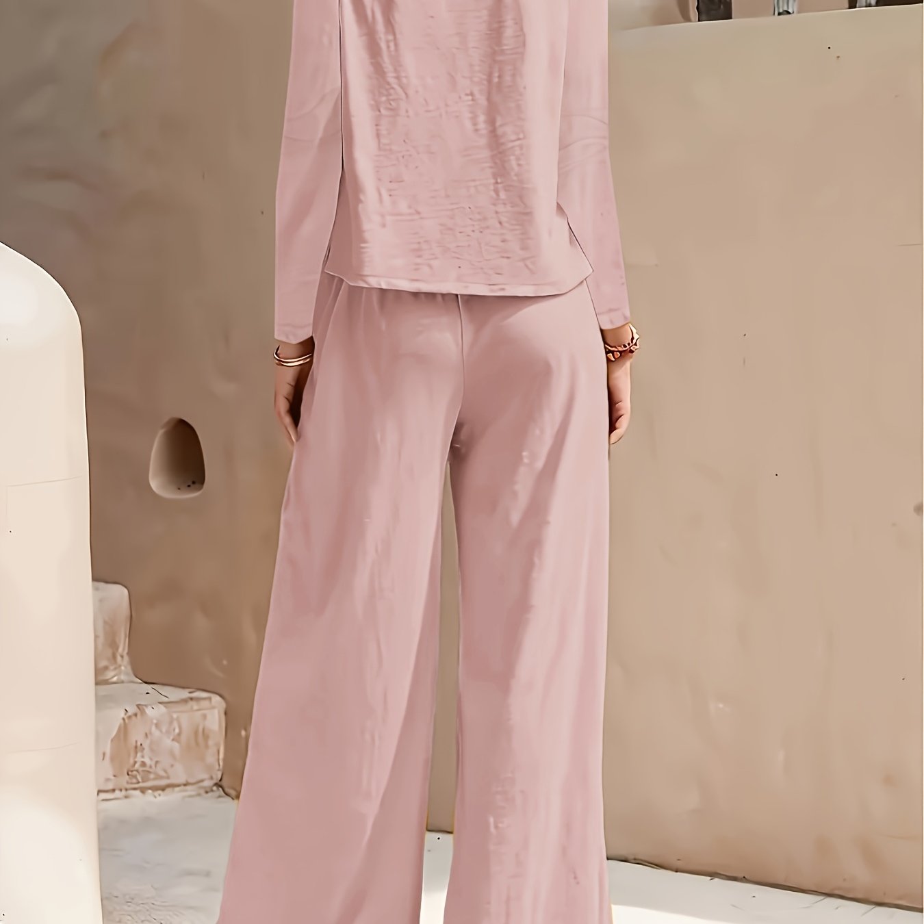 2025 Spring/Fall Casual High Waist Wide Leg Pants Set - European Style   OAXG Pink / S