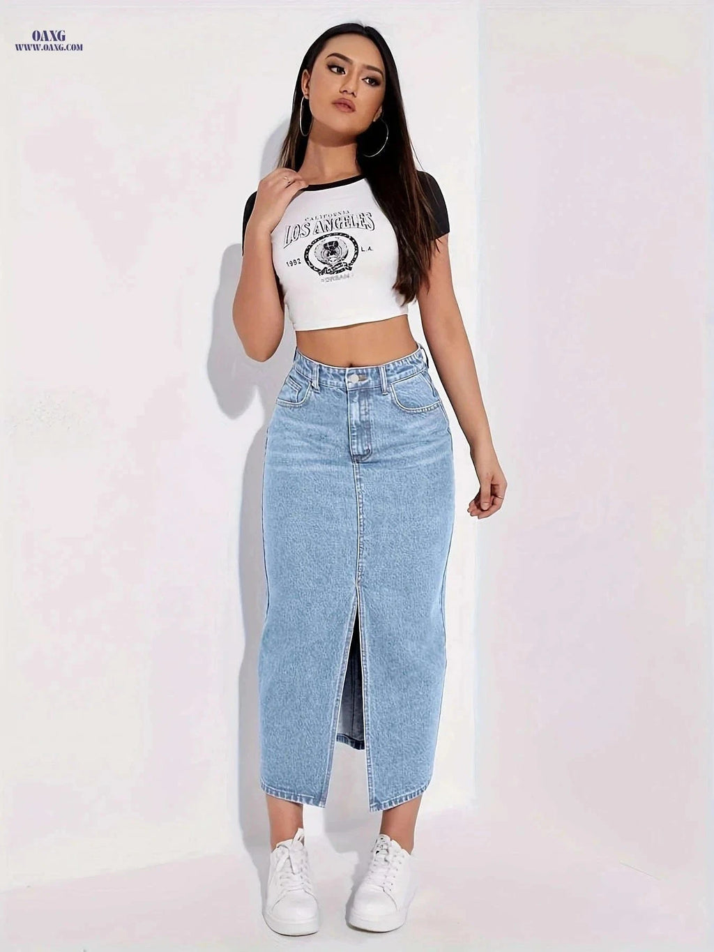 2025 Women's Stretchy Mid-Length Denim Skirt - Front Slit Casual Attire   OAXG Blue / XS