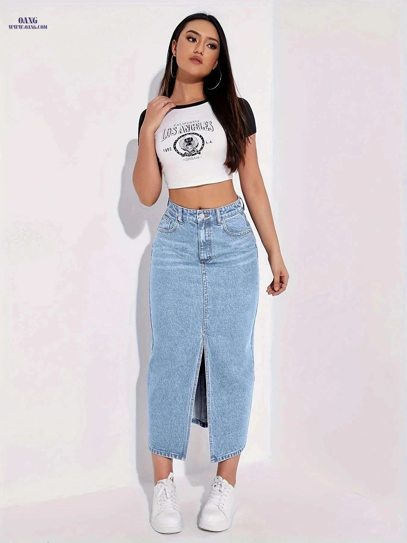 2025 Women's Stretchy Mid-Length Denim Skirt - Front Slit Casual Attire   OAXG Blue / XS
