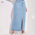 2025 Women's Stretchy Mid-Length Denim Skirt - Front Slit Casual Attire   OAXG Blue / XS