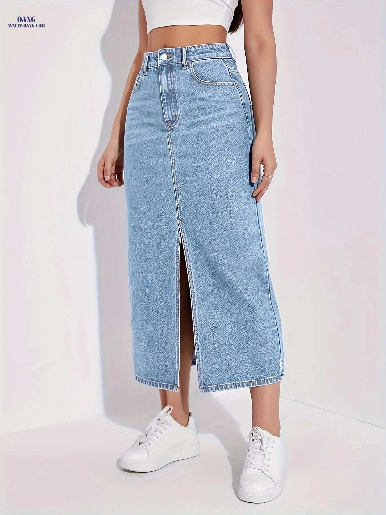 2025 Women's Stretchy Mid-Length Denim Skirt - Front Slit Casual Attire   OAXG Blue / XS