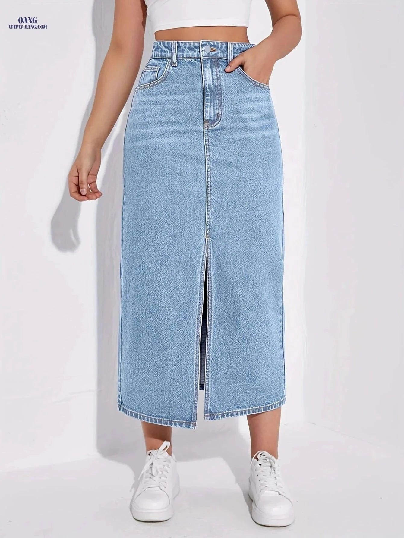 2025 Women's Stretchy Mid-Length Denim Skirt - Front Slit Casual Attire   OAXG Blue / XS