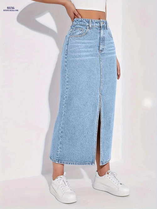 2025 Women's Stretchy Mid-Length Denim Skirt - Front Slit Casual Attire   OAXG Blue / XS