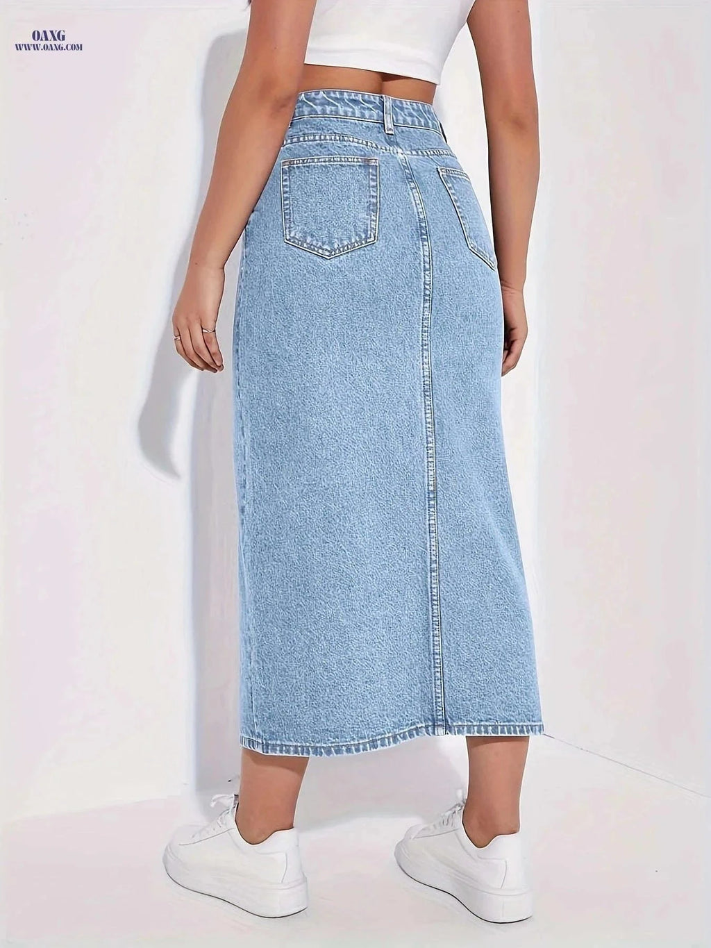 2025 Women's Stretchy Mid-Length Denim Skirt - Front Slit Casual Attire   OAXG Blue / XS
