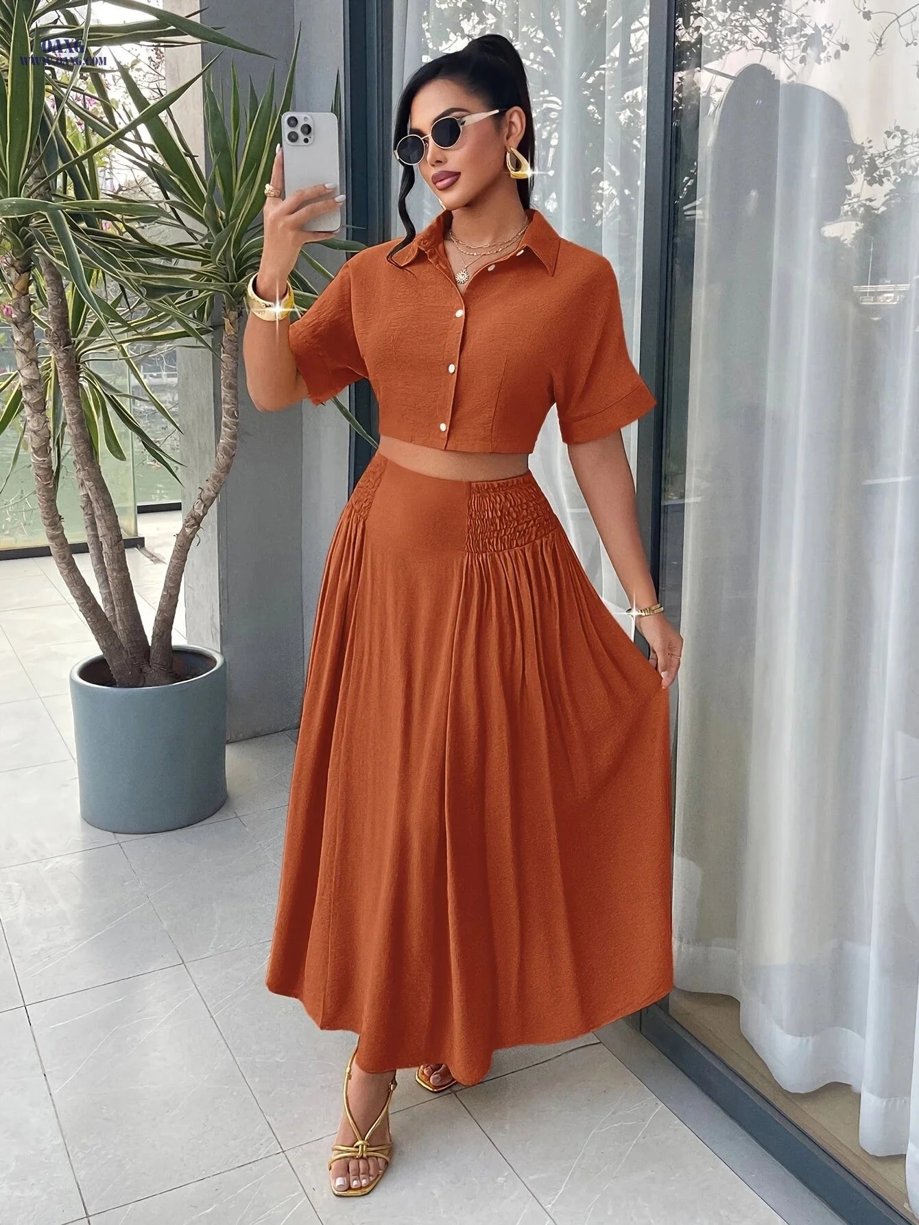 2026 Summer French Minimalist Two-Piece Set - Elegant V-Neck Style   OAXG Mustard Yellow / S