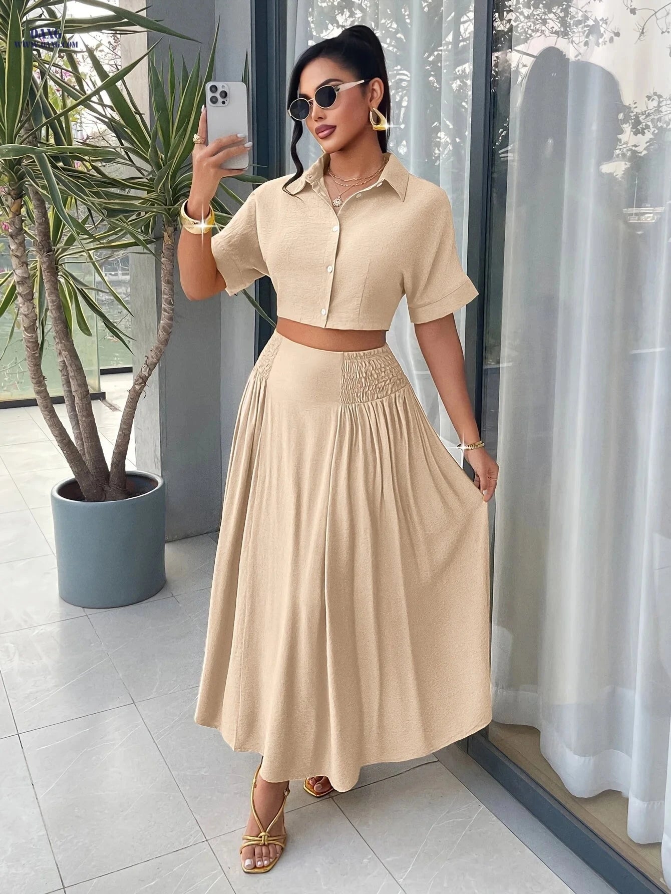 2026 Summer French Minimalist Two-Piece Set - Elegant V-Neck Style   OAXG Mustard Yellow / S