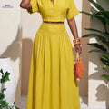 2026 Summer French Minimalist Two-Piece Set - Elegant V-Neck Style   OAXG Mustard Yellow / S