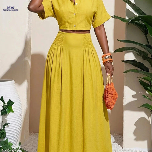 2026 Summer French Minimalist Two-Piece Set - Elegant V-Neck Style   OAXG Mustard Yellow / S