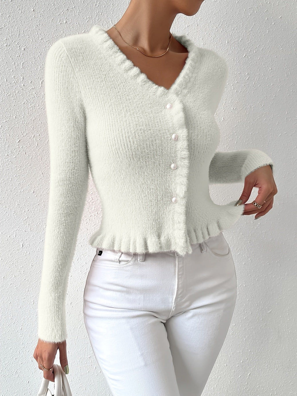2026 Women's Faux Mink Cardigan, New Autumn/Winter Style, Gentle Style with Frayed Edges, Waist-Cinching Cropped Length, Soft and Elegant Outerwear, Suitable for All Seasons   OAXG White / XS