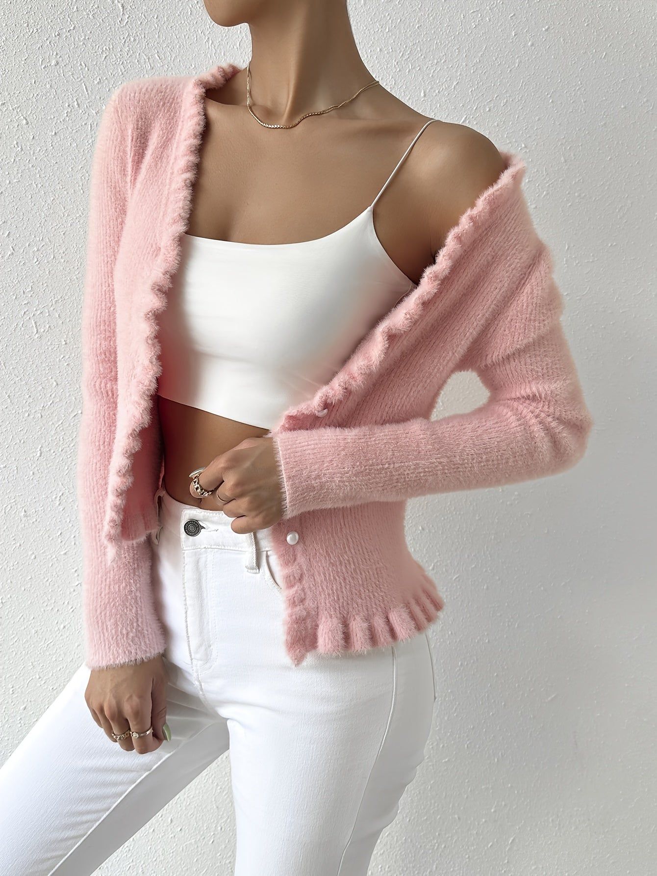 2026 Women's Faux Mink Cardigan, New Autumn/Winter Style, Gentle Style with Frayed Edges, Waist-Cinching Cropped Length, Soft and Elegant Outerwear, Suitable for All Seasons   OAXG White / XS