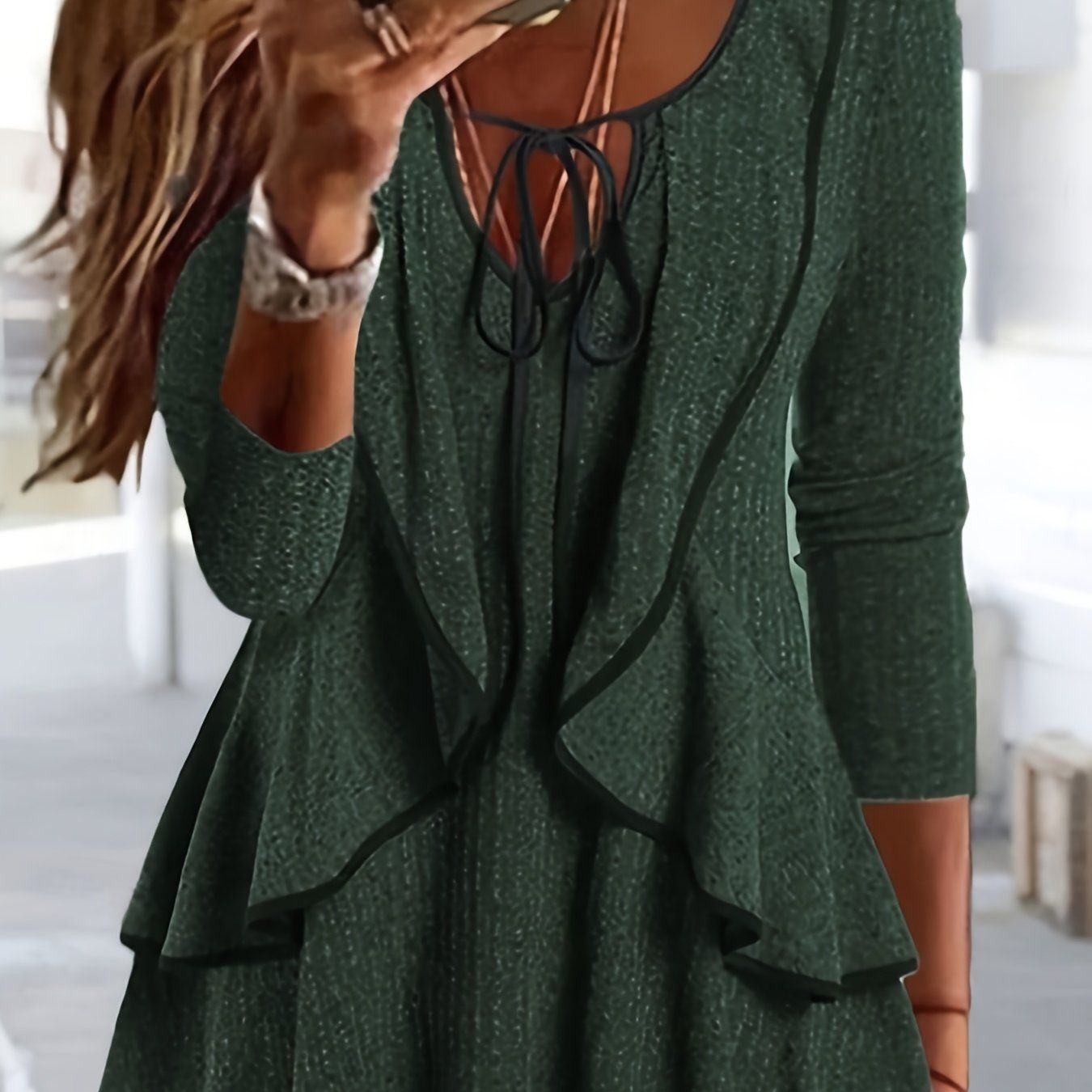 25 New Vacation Style Spring/Summer Women's Fashion Solid Color Basic Casual Long Sleeve V-Neck Regular Top Daily Ruffle T-Shirt   OAXG Grey / S