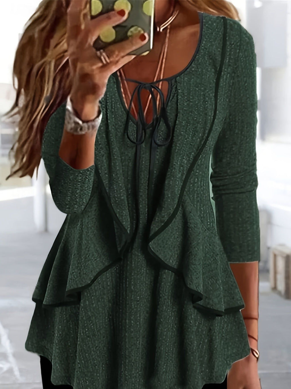 25 New Vacation Style Spring/Summer Women's Fashion Solid Color Basic Casual Long Sleeve V-Neck Regular Top Daily Ruffle T-Shirt   OAXG Grey / S