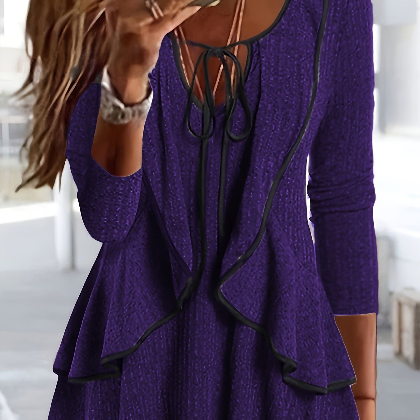 25 New Vacation Style Spring/Summer Women's Fashion Solid Color Basic Casual Long Sleeve V-Neck Regular Top Daily Ruffle T-Shirt   OAXG Grey / S