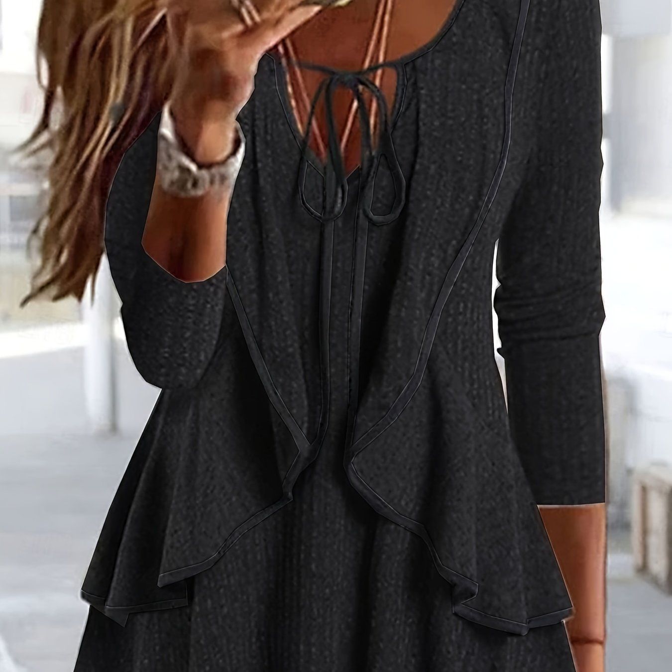 25 New Vacation Style Spring/Summer Women's Fashion Solid Color Basic Casual Long Sleeve V-Neck Regular Top Daily Ruffle T-Shirt   OAXG Grey / S