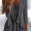 25 New Vacation Style Spring/Summer Women's Fashion Solid Color Basic Casual Long Sleeve V-Neck Regular Top Daily Ruffle T-Shirt   OAXG Grey / S