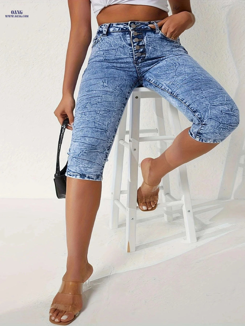 25AW Women's Vintage Tie-Dye Cropped Jeans - Stylish Mid-Rise Fit   OAXG Bright Steel Blue / S