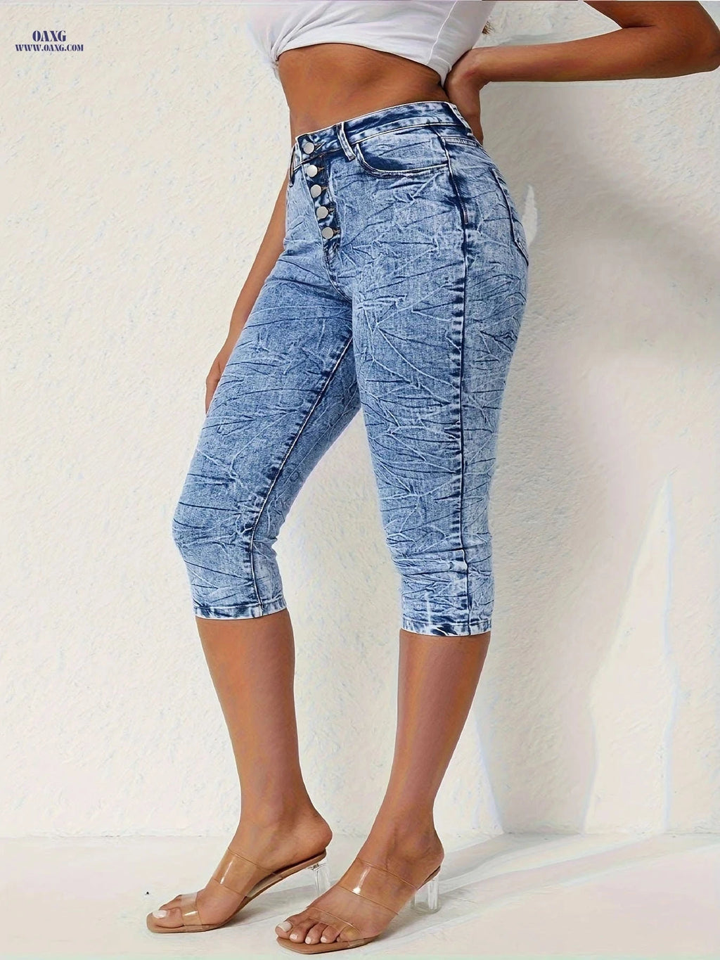 25AW Women's Vintage Tie-Dye Cropped Jeans - Stylish Mid-Rise Fit   OAXG Bright Steel Blue / S