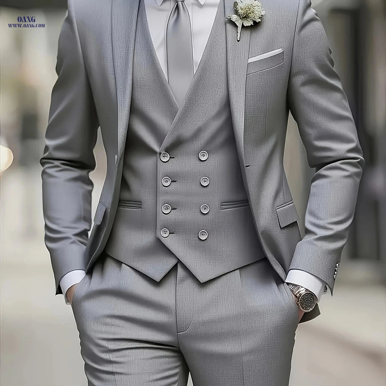 3-Piece Men’s Suit Set - Polyester Shirt, Pants, and Vest   OAXG Navy Color / FR XXS