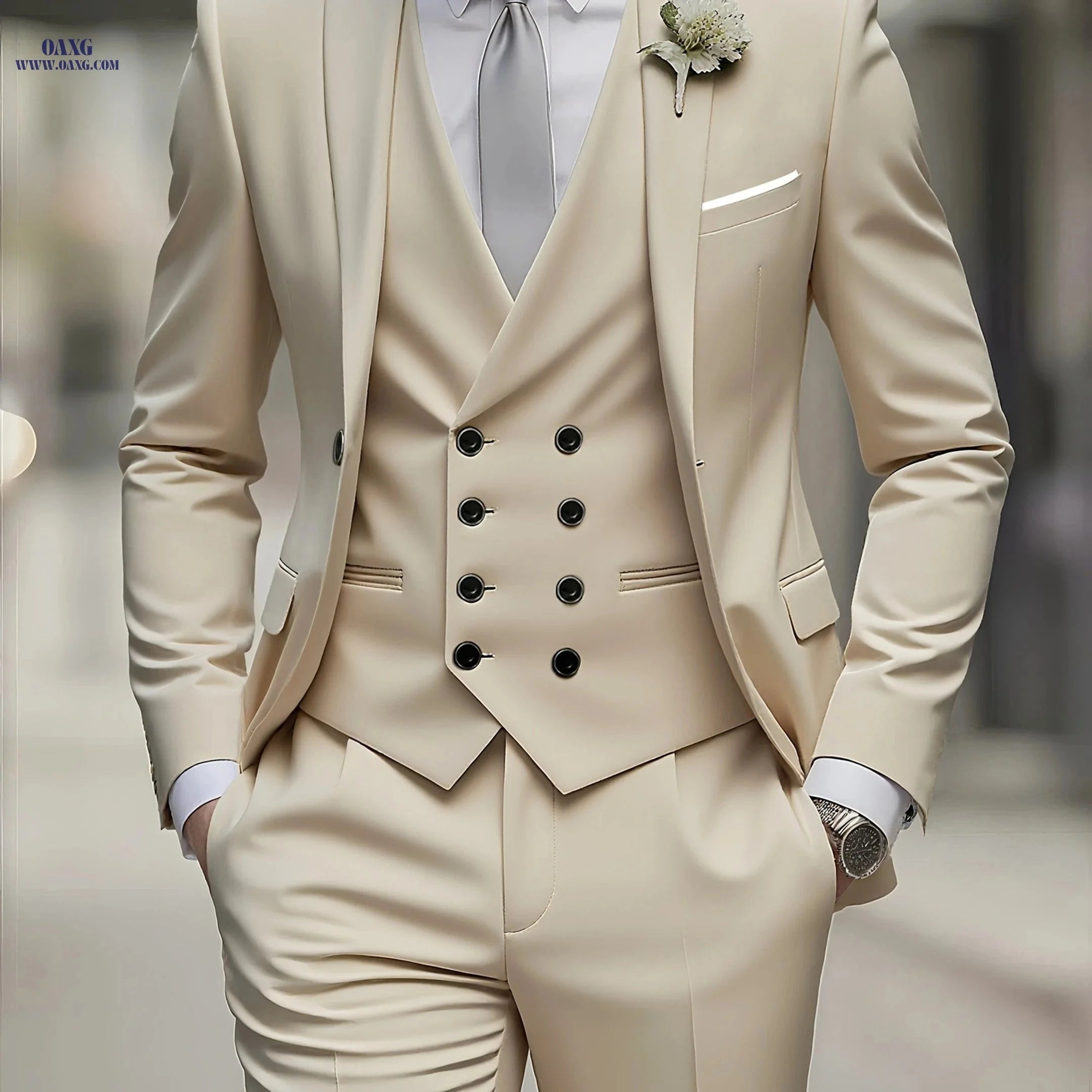 3-Piece Men’s Suit Set - Polyester Shirt, Pants, and Vest   OAXG Navy Color / FR XXS