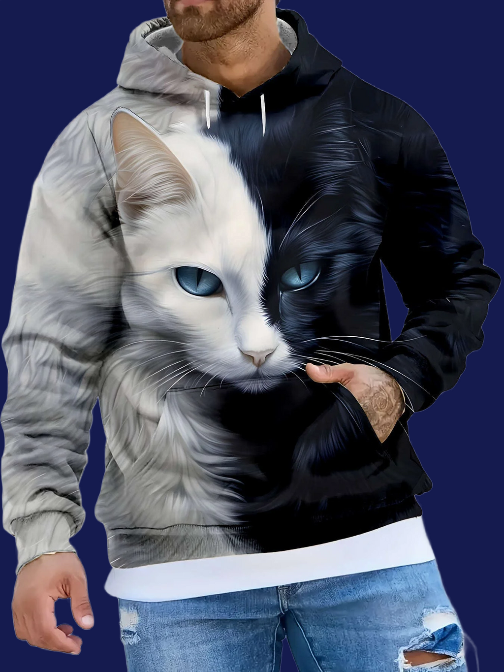 3D Cat Pattern Hoodie - Casual Long Sleeve Polyester Sweatshirt