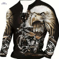 3D Eagle Print Men's Henley T-Shirt - Casual Long Sleeve Tee   OAXG Black / M
