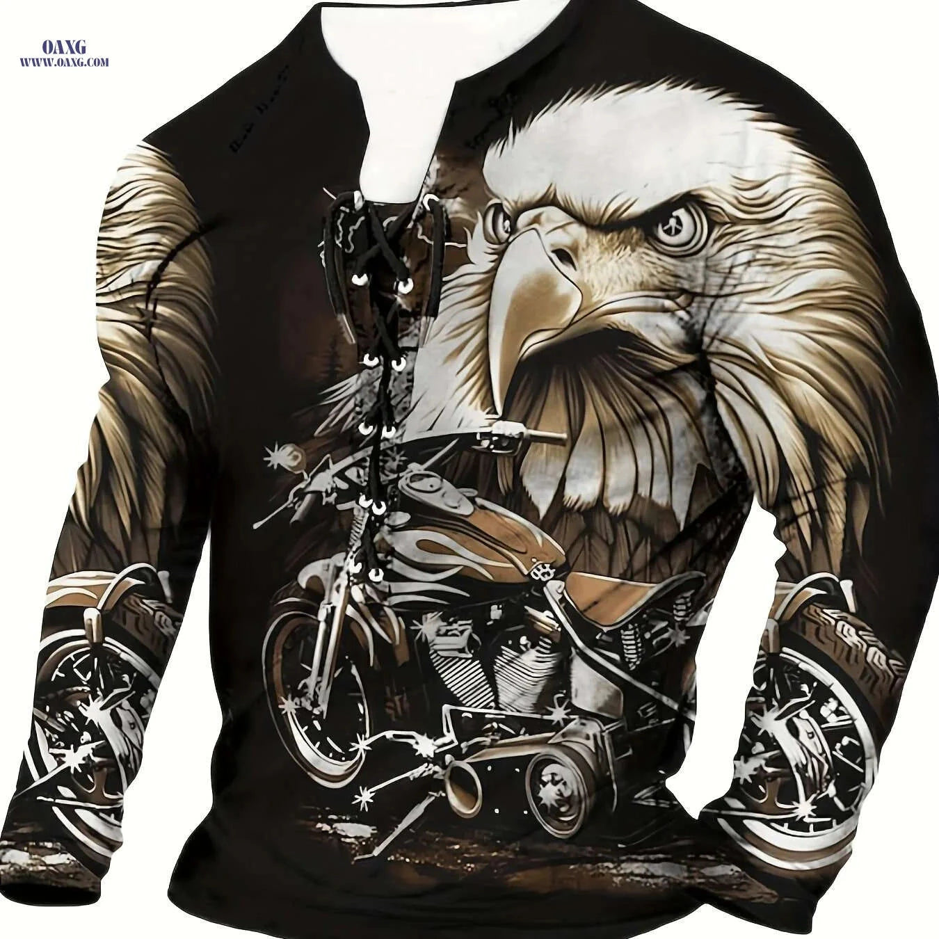 3D Eagle Print Men's Henley T-Shirt - Casual Long Sleeve Tee   OAXG Black / M
