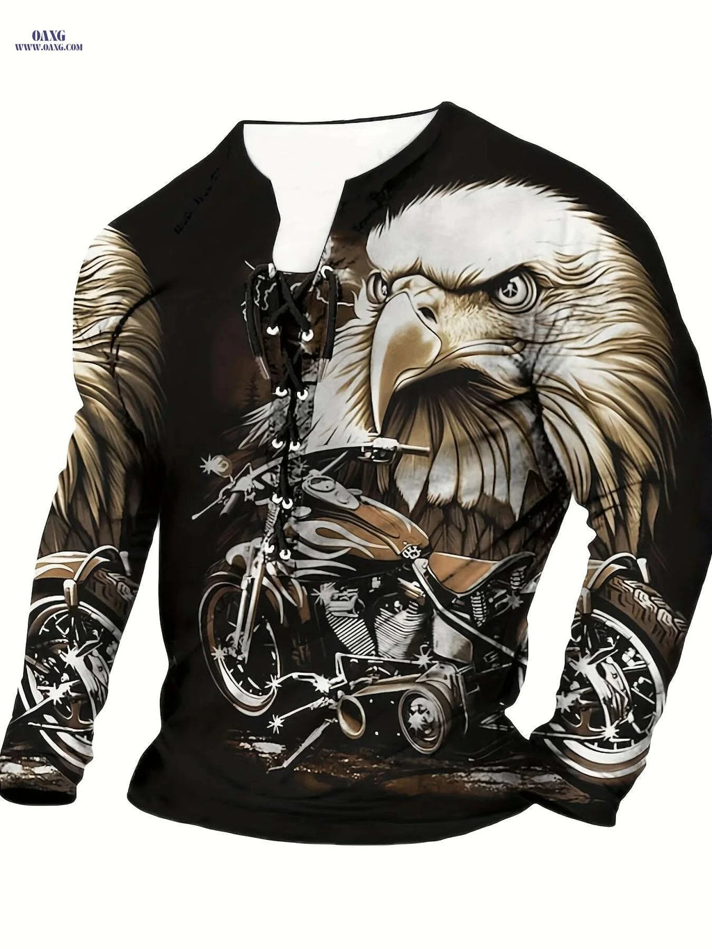 3D Eagle Print Men's Henley T-Shirt - Casual Long Sleeve Tee   OAXG Black / M
