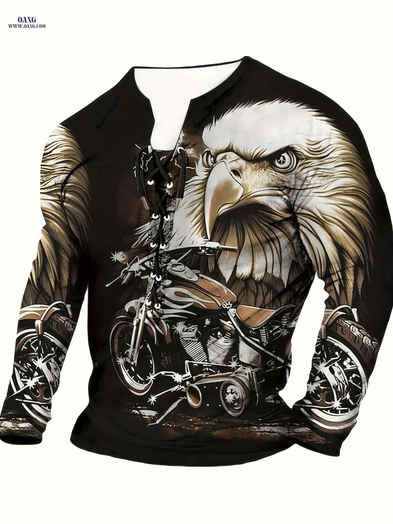 3D Eagle Print Men's Henley T-Shirt - Casual Long Sleeve Tee   OAXG Black / M