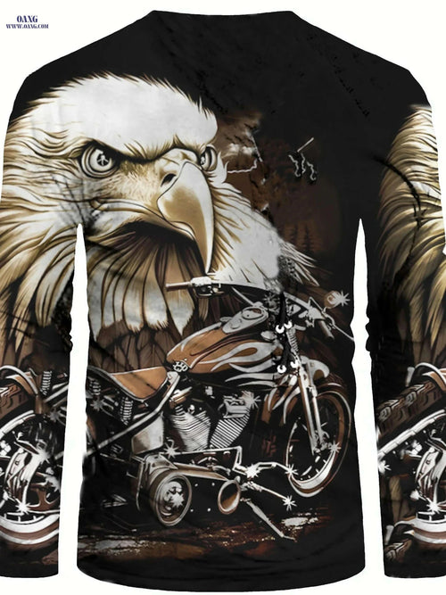 3D Eagle Print Men's Henley T-Shirt - Casual Long Sleeve Tee   OAXG Black / M
