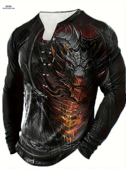 3D Print Men’s Dragon Henley Tee - Bold Design for Spring & Fall   OAXG 
