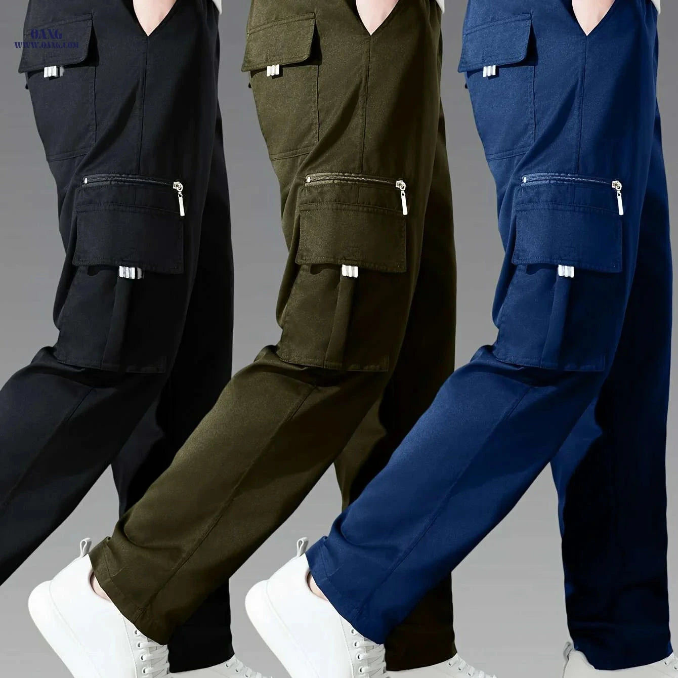 3pcs Men's Cargo Pants - Multi-Pocket Casual Trousers, All-Season   OAXG Black + Navy Blue + Khaki / S