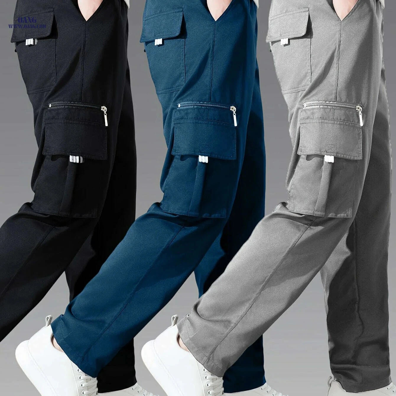 3pcs Men's Cargo Pants - Multi-Pocket Casual Trousers, All-Season   OAXG Black + Navy Blue + Khaki / S